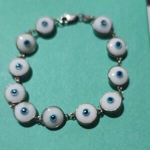 Blue and White Evil Eye Glass & Silver Bracelet